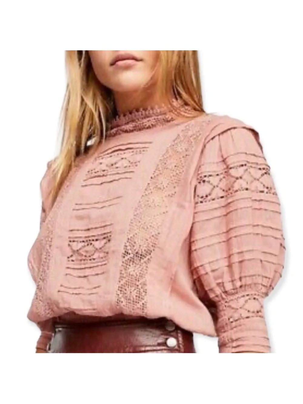 FP One Sydney  Lace-Panel Pink Blouse with Puff Sleeves
